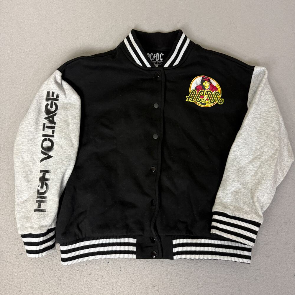 AC/DC High Voltage Goodie Two Sleeves Varsity Bomber Jacket Small Black Gray